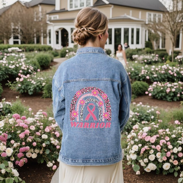 Pink Floral Rainbow Breast Cancer Warrior Denim Jacket (Wedding Back)
