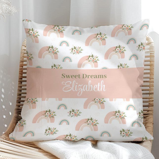 Pink Floral Rainbow Custom Name Pillow (Pink Floral Rainbow Custom Name Pillow on a sunny rattan armchair.)