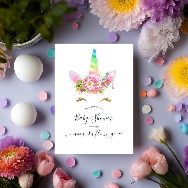 Pink Floral Rainbow Unicorn Baby Shower Invitation (Creator Uploaded)