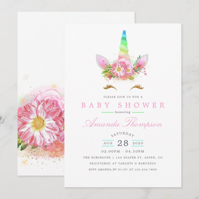 Pink Floral Rainbow Unicorn Girl Baby Shower Invitation (Front/Back)