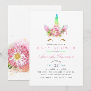 Pink Floral Rainbow Unicorn Girl Baby Shower Invitation