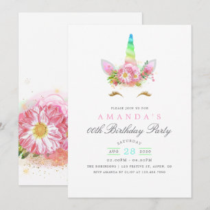 Pink Floral Rainbow Unicorn Girl Birthday Party Invitation