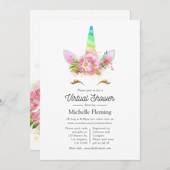 Pink Floral Rainbow Unicorn Virtual Baby Shower Invitation (Front/Back)