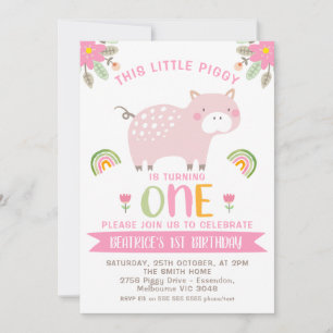 Pink Floral Rainbows Little Piggy 1st Birthday Invitation