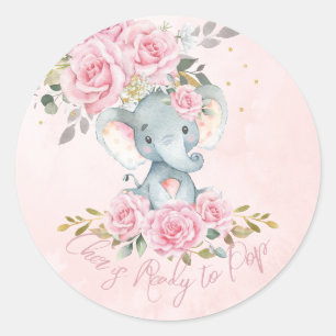 Pink Floral Ready to Pop Elephant Baby Shower Classic Round Sticker