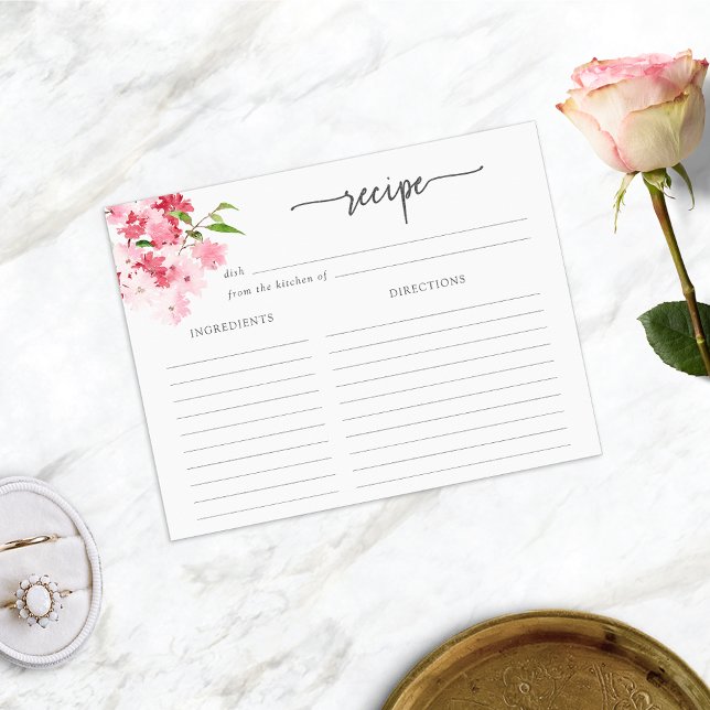 Pink Floral Recipe Card (Red and Pink Roses Floral Recipe Card for Bridal Shower by Painted Paperie
)