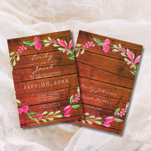 Pink Floral Red Brown Rustic Wood Country Wedding Announcement