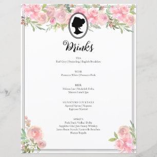Pink Floral Regency Bridal Shower Cocktail Menu