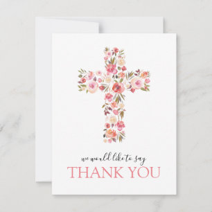 Pink Floral Religious Cross Photo Thank You Card