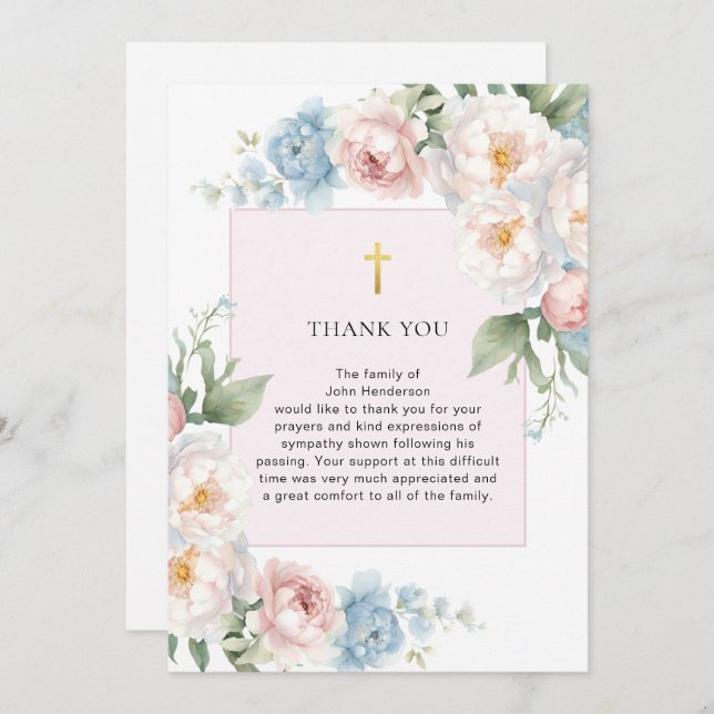 Pink Floral Religious Funeral Thank You Card (Front/Back)