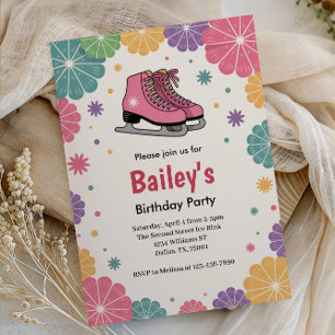 Pink Floral Retro Ice Skating Birthday Invitation