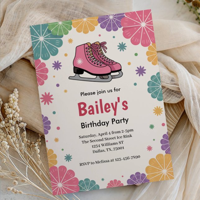 Pink Floral Retro Ice Skating Birthday Invitation (Creator Uploaded)