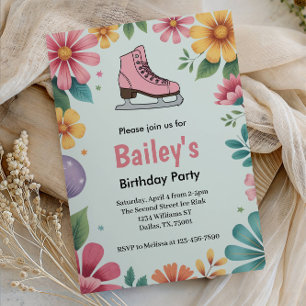 Pink Floral Retro Ice Skating Birthday Invitation