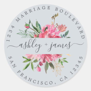 Pink Floral Return Address Blue Envelope Seal