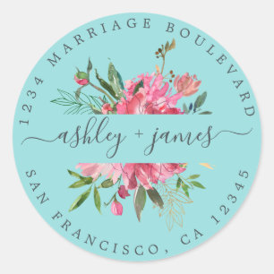 Pink Floral Return Address Blue Envelope Seal