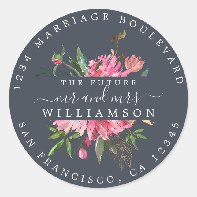 Pink Floral Return Address Dark Blue Envelope Seal (Front)