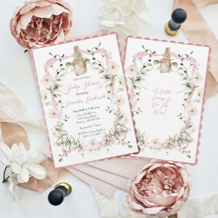 Pink Floral Ribbon Baby Bunny Baby Shower Invitation
