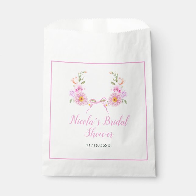 Pink Floral Ribbon Bridal Shower Favour Bag (Front)
