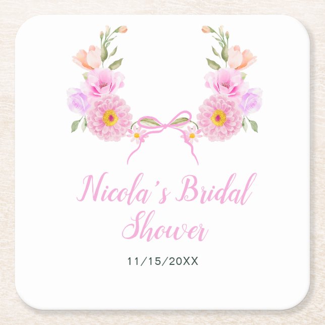 Pink Floral Ribbon Bridal Shower Square Paper Coaster (Front)