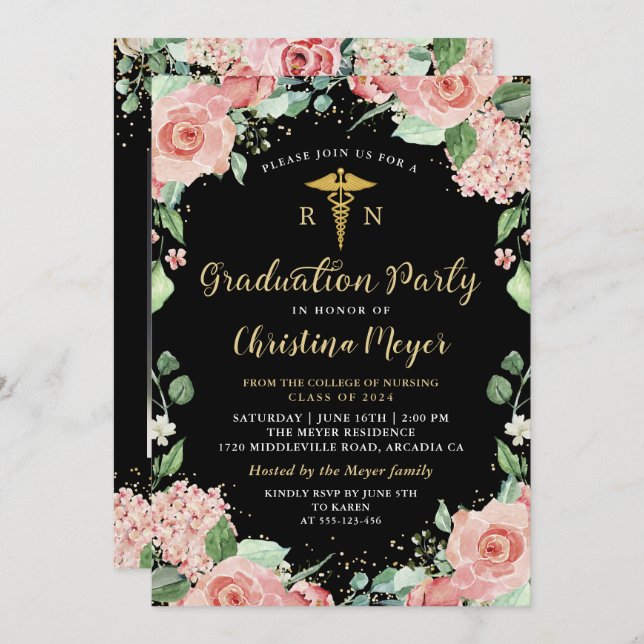 Pink Floral RN Nursing Graduation Party Photo  Invitation (Front/Back)