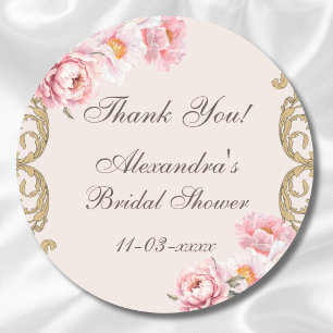Pink Floral Rococo Peony Bridal Shower Thank You Classic Round Sticker
