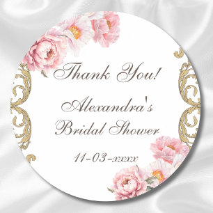 Pink Floral Rococo Peony Bridal Shower Thank You Classic Round Sticker