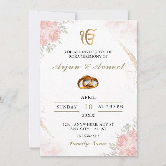 Pink Floral Roka Ceremony Invitation Card (Front)