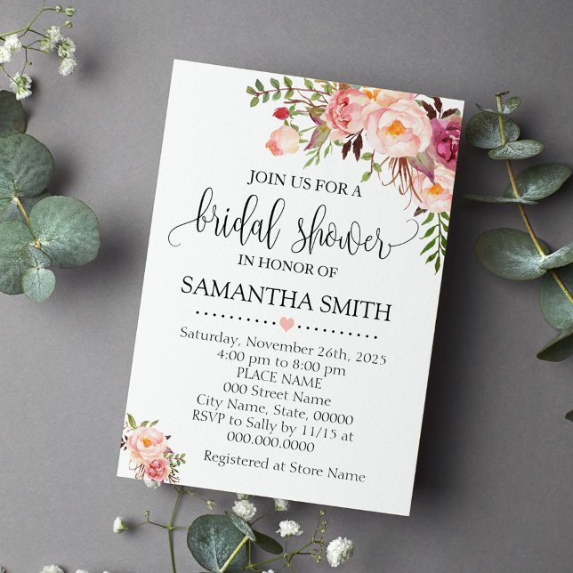 Pink floral romantic boho chic bridal shower invitation (Creator Uploaded)