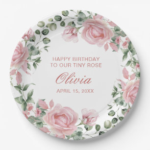 Pink Floral Rose 1st Birthday Party Plate
