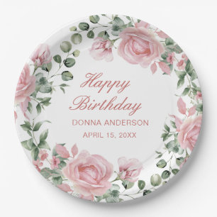Pink Floral Rose Birthday Party Plate