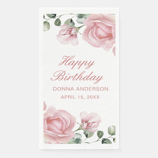 Pink Floral Rose Birthday Party Plate Napkin (Front)