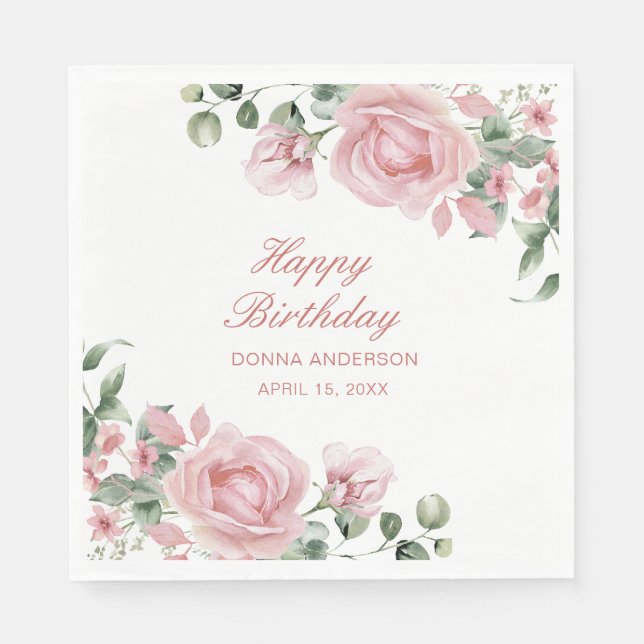 Pink Floral Rose Birthday Party Plate Napkin (Front)