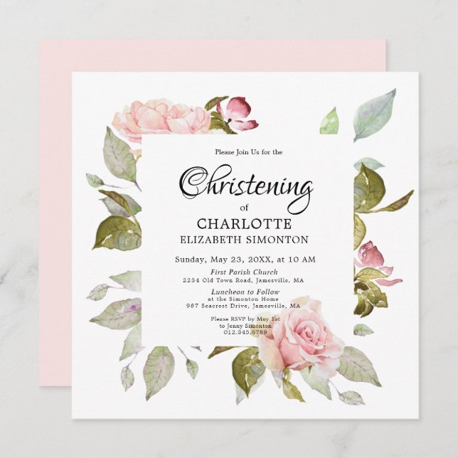 Pink Floral Rose Botanical Square Christening Invitation (Front/Back)