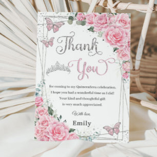 Pink Floral Rose Butterflies Sweet 16 Quinceañera  Thank You Card