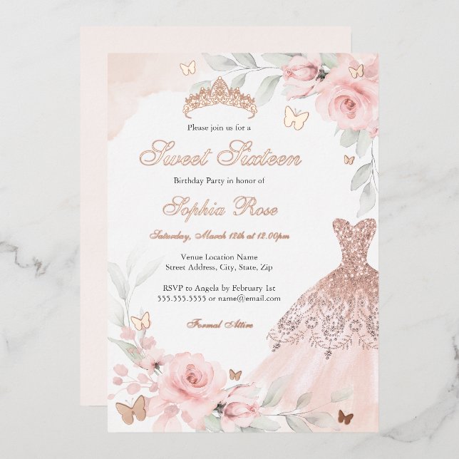 Pink Floral Rose Butterfly Dress Sweet Sixteen  (Front/Back)