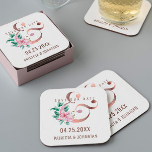 Pink floral rose gold ampersand save date wedding square paper coaster