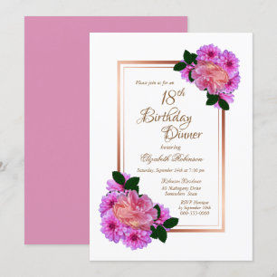 Pink Floral Rose Gold Border 18th Birthday Dinner Invitation