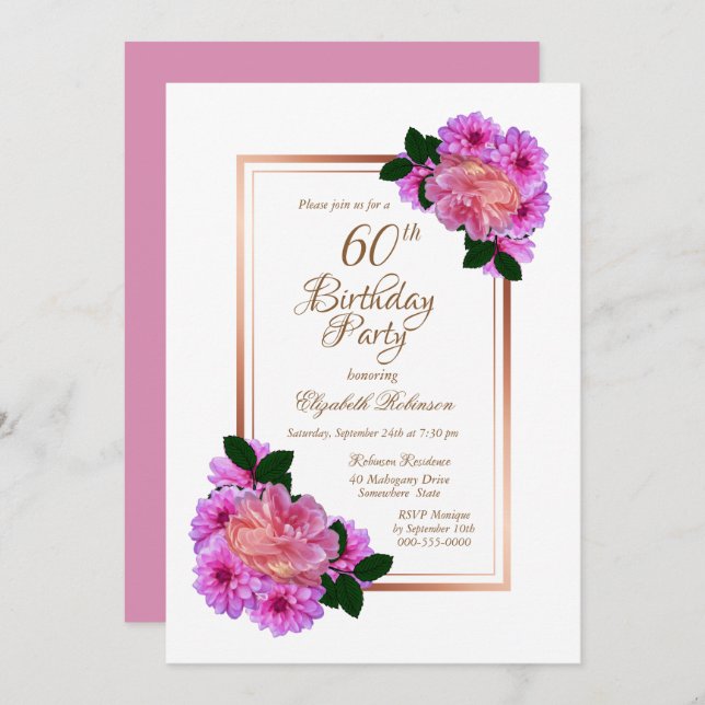 Pink Floral Rose Gold Border 60th Birthday Party Invitation (Front/Back)
