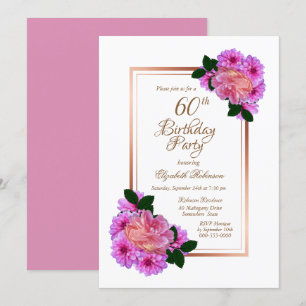 Pink Floral Rose Gold Border 60th Birthday Party Invitation