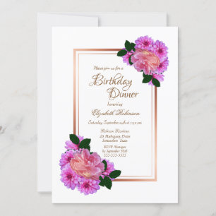 Pink Floral Rose Gold Border Birthday Dinner Invitation