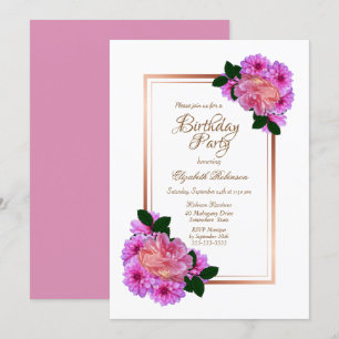 Pink Floral Rose Gold Border Birthday Party Invitation