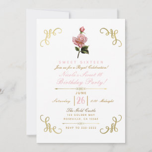 Pink Floral Rose & Gold Corners Sweet 16 Party Invitation