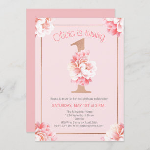 Pink Floral Rose Gold Girl's First Birthday Party Invitation