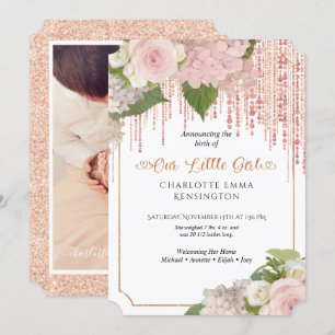 Pink Floral Rose Gold Glitter Baby Girl Sprinkle Invitation