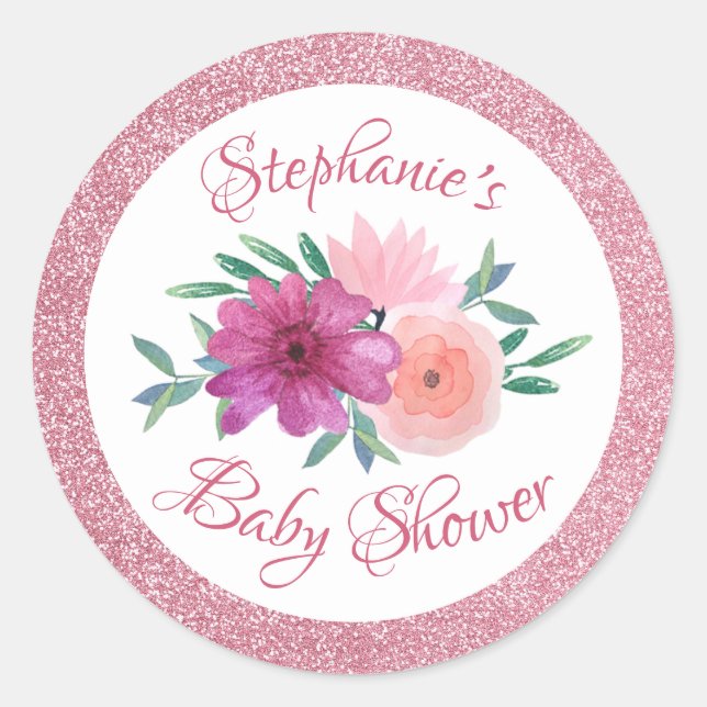 Pink Floral Rose Gold Glitter Baby Shower Classic Round Sticker (Front)