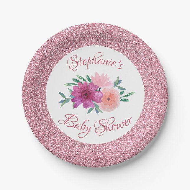 Pink Floral Rose Gold Glitter Baby Shower Paper Plate (Front)