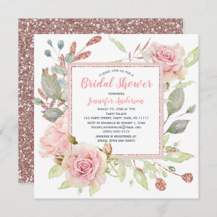 Pink Floral Rose Gold Glitter Bridal Shower Invitation