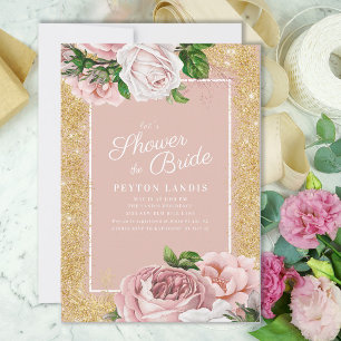 Pink Floral Rose Gold Glitter Bridal Shower Invitation