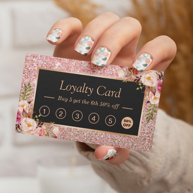 Pink Floral Rose Gold Glitter Loyalty Punch Card (Creator Uploaded)