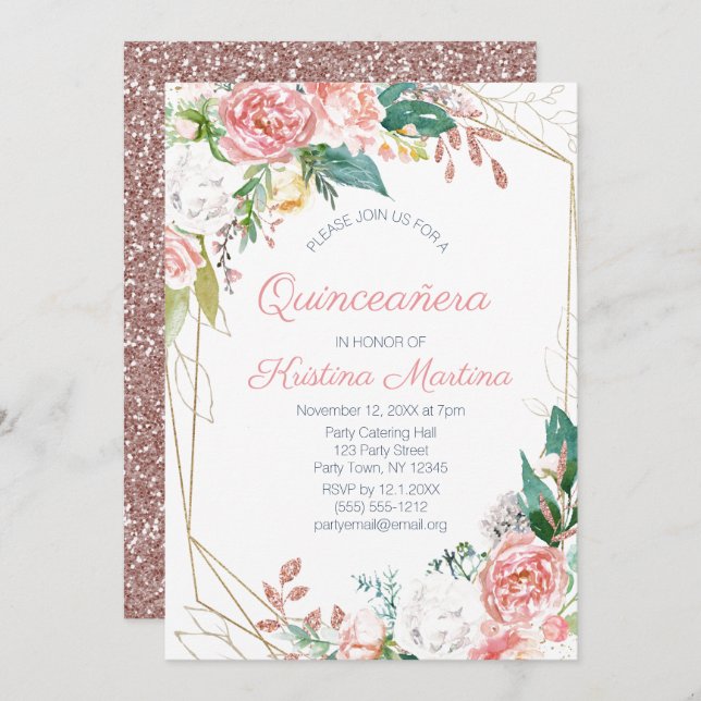 Pink Floral Rose Gold Glitter Quinceañera Birthday Invitation (Front/Back)